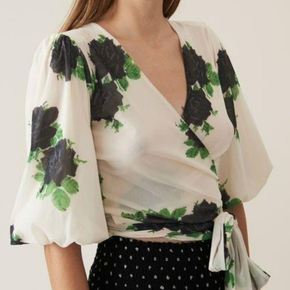Ganni Tilden Mesh Wrap Floral Top in Vanilla Ice Size 36 NWT - Picture 1 of 10